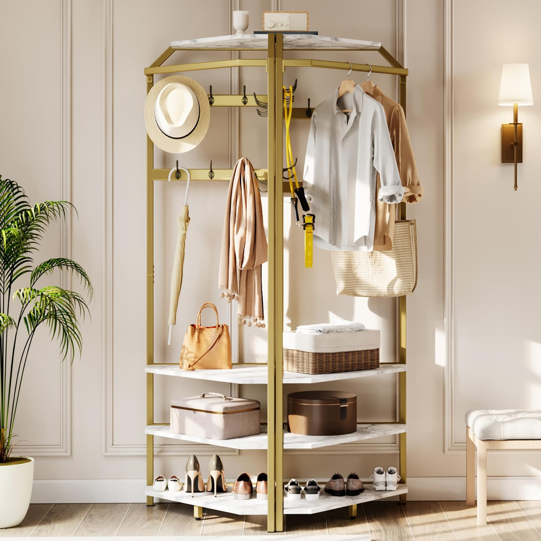 Garvee Armoire d'angle avec banc à chaussures et 6 crochets doubles pour entrée et couloir, en bois, gain de place, robuste et fonctionnelle, doré