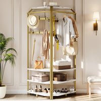Armoire d'angle Garvee avec banc à chaussures et 6 crochets doubles, solution de rangement 3 en 1 pour entrée et couloir, 51 x 51 x 180 cm, doré 02, gain de place
