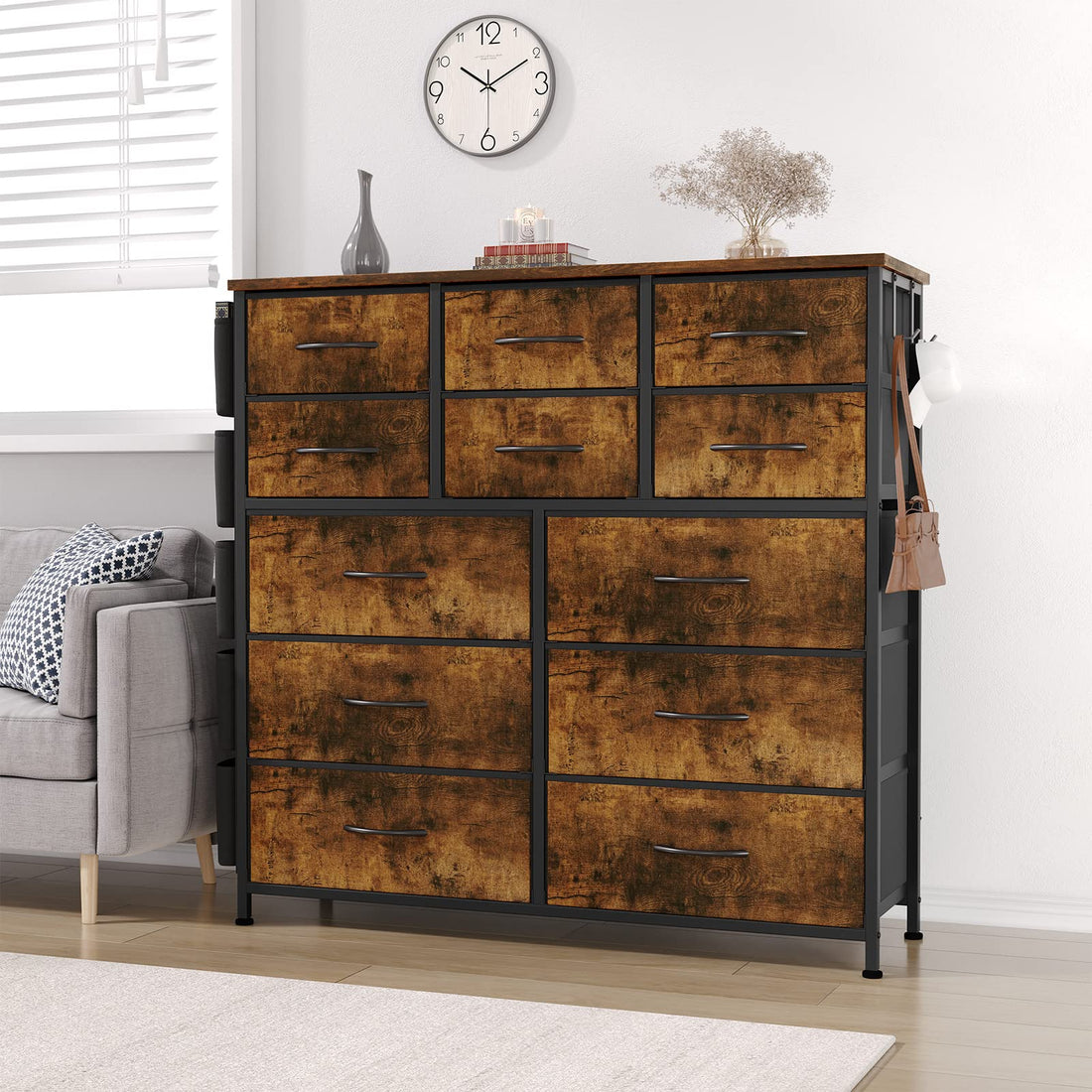 Garvee commode à 12 tiroirs, revêtement en tissu, structure en métal, plateau en bois, idéale pour la chambre et l'entrée