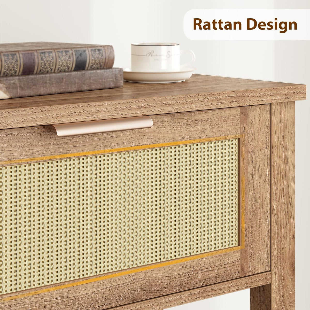 Garvee console style ferme en rotin avec 2 tiroirs et porte coulissante en rotin naturel, idéale pour le salon et l'entrée, 109 × 30 × 79 cm, couleur bois