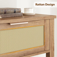 Garvee console style ferme en rotin avec 2 tiroirs et porte coulissante en rotin naturel, idéale pour le salon et l'entrée, 109 × 30 × 79 cm, couleur bois