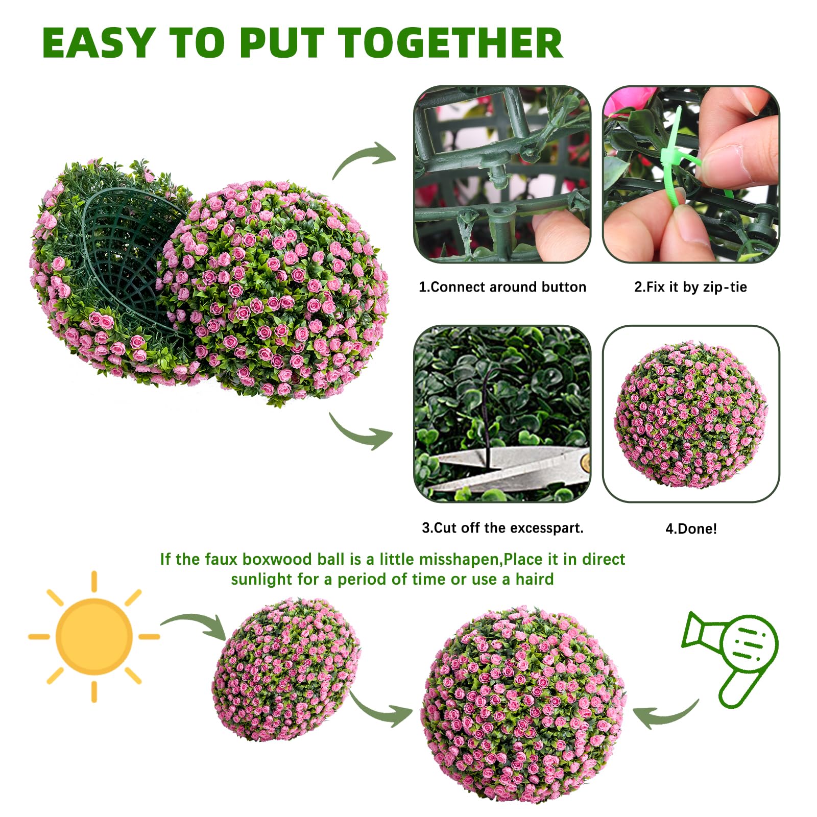 Garvee Lot de 2 Boules de Buis Artificielles 55 cm avec Fleurs, PE Résistant aux UV, pour Mariage et Balcon, Vert Rouge Rose