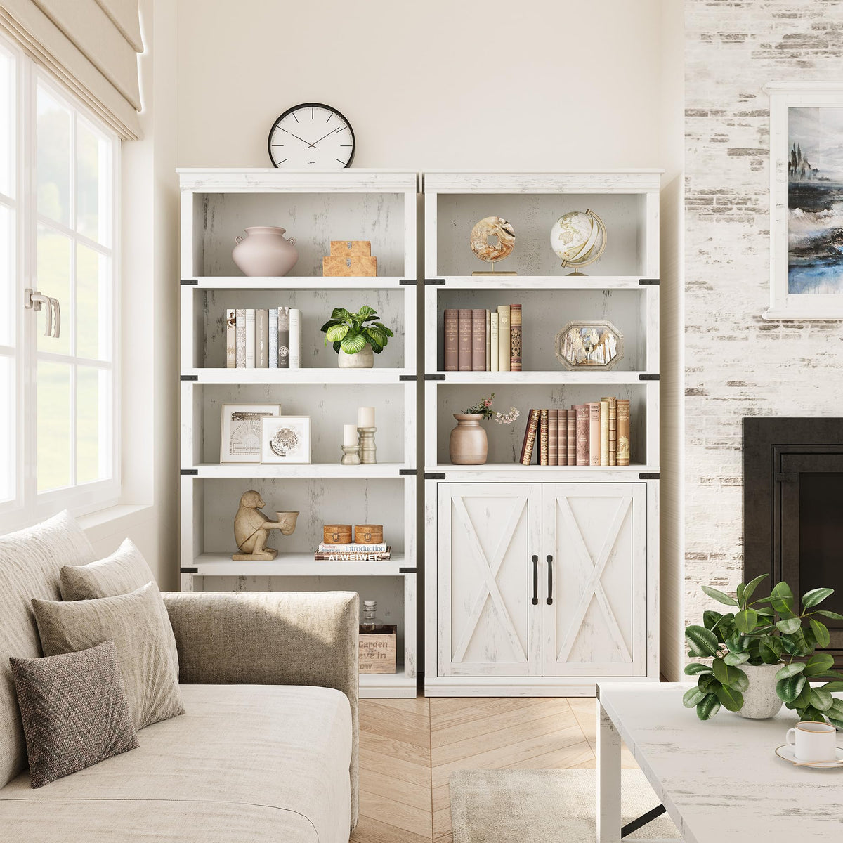 Garvee bibliothèque de style campagne avec portes, 5 niveaux, 178 cm de haut, bois, salon, bureau, brune
