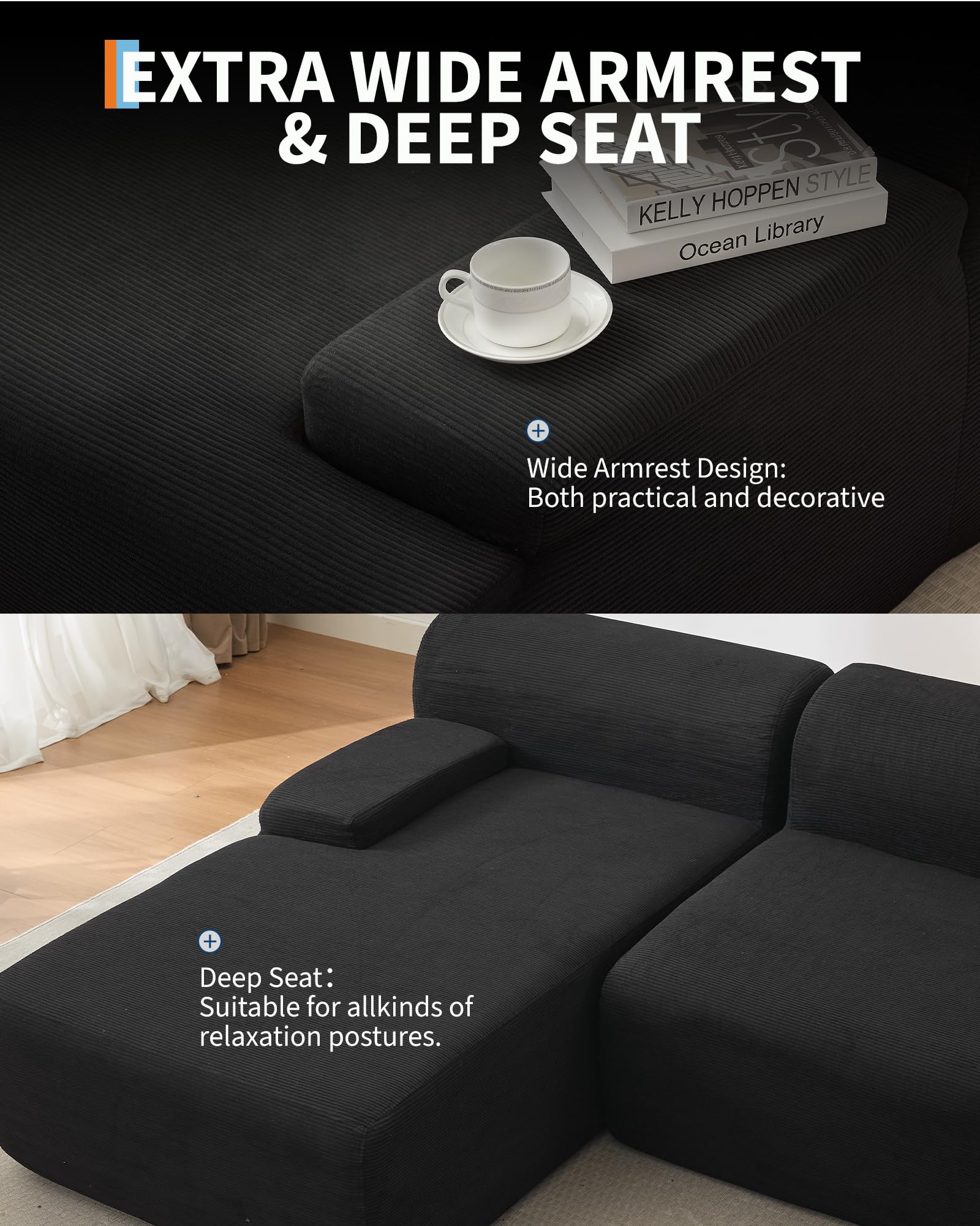 Canapé d'angle Garvee Cloud 108" avec méridienne - Canapé ultra moelleux sans dossier, velours côtelé ultra doux, canapé en L, confortable, noir, salon