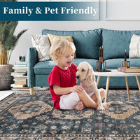 Tapis de salon vintage Garvee, doux, lavable, oriental, traditionnel, bleu marine, 120 x 170 cm