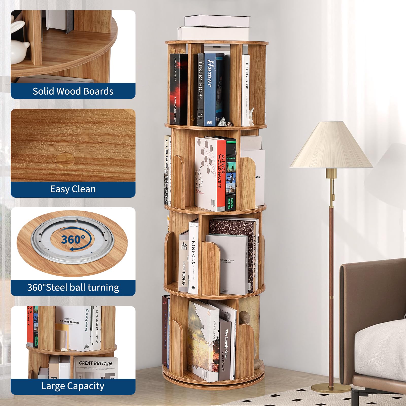 Étagère pivotante en bois Garvee, 4 niveaux, rotation à 360°, multifonctionnelle, idéale pour le salon ou la chambre d'enfant, gain de place.