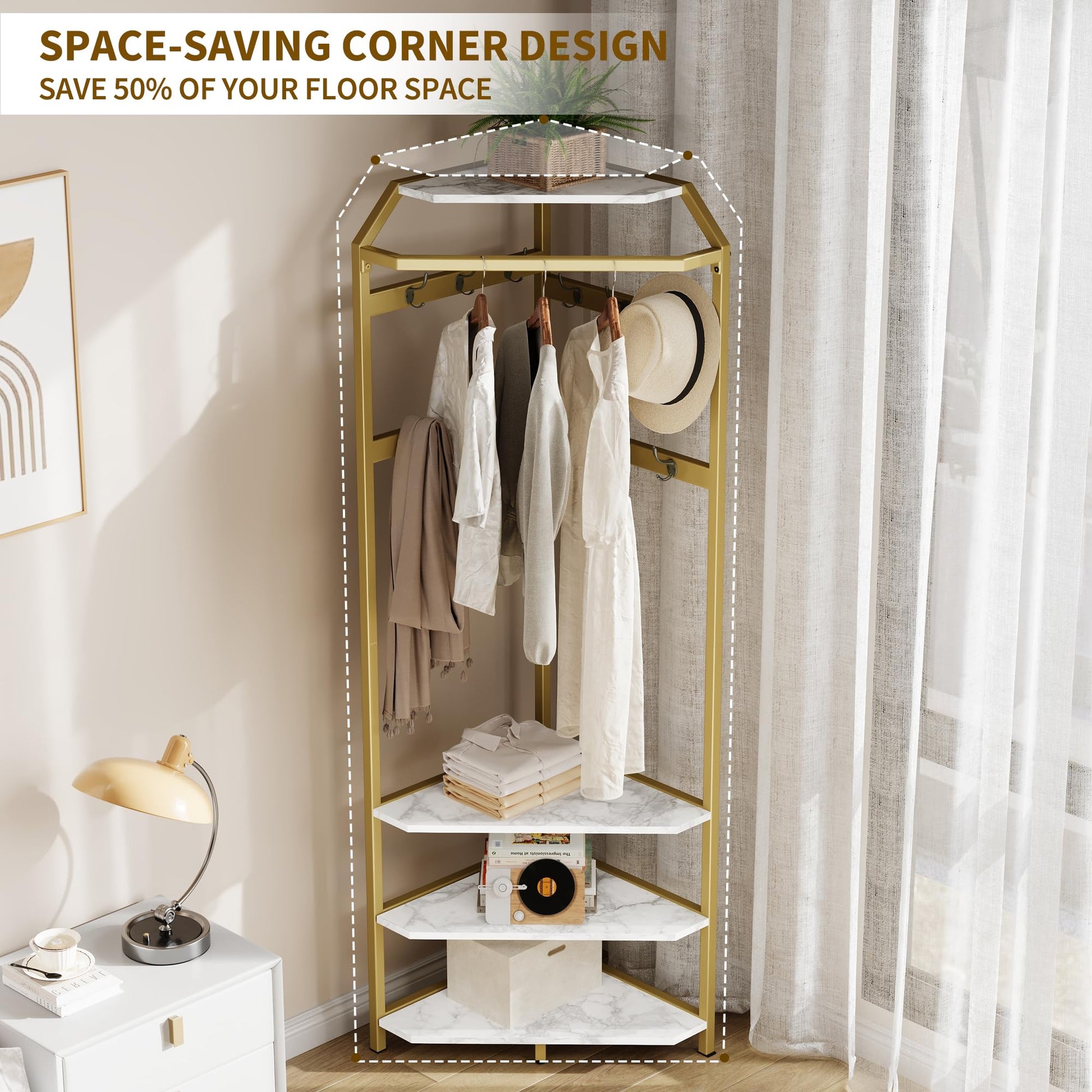 Armoire d'angle Garvee avec banc à chaussures et 6 crochets doubles, solution de rangement 3 en 1 pour entrée et couloir, 51 x 51 x 180 cm, doré 02, gain de place