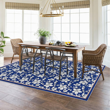 Tapis de salon lavable Garvee, motif floral vintage, poils courts, antidérapant, doux, grand format 160 x 230 cm, bleu