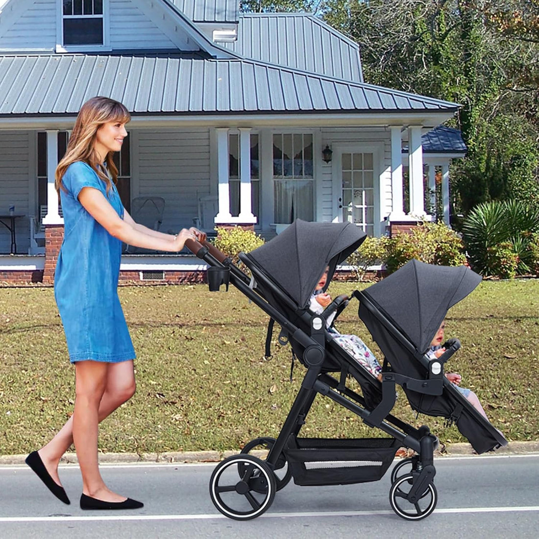 Poussette double Garvee avec châssis en aluminium, légère et pliable – Idéale pour les jumeaux en voyage
