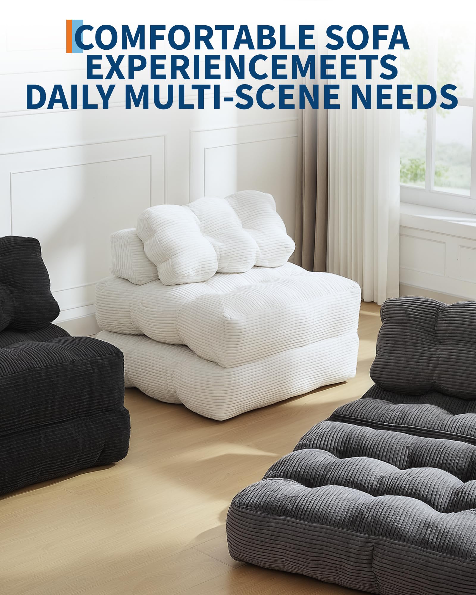 Canapé-lit pliant 3 en 1 Garvee avec coussins, matelas pliable, soutien lombaire et fauteuil portable confortable, en velours côtelé beige, pour salon et chambre.