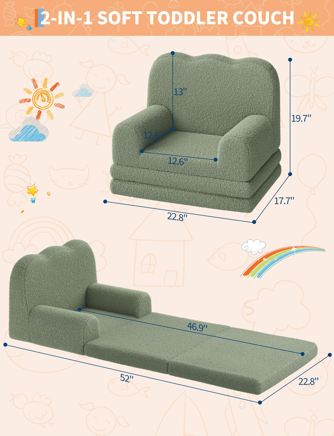 Garvee Canapé-lit pliant 2 en 1 pour enfants, en mousse et sherpa doux, motif vagues vertes, idéal pour la salle de jeux, léger et doté d'une base antidérapante