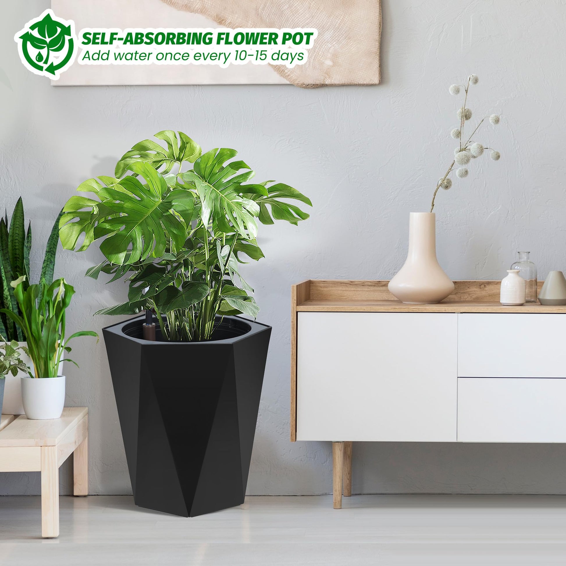 Garvee Lot de 2 jardinières diamant de 40 cm de haut, à arrosage automatique avec indicateurs de niveau d'eau, en plastique résistant aux intempéries, pour une utilisation intérieure et extérieure, blanches.