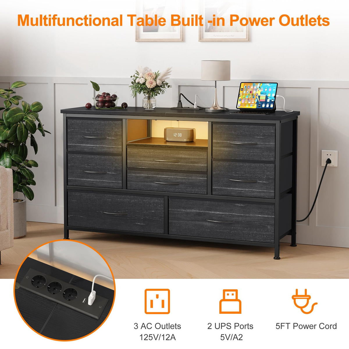 Garvee commode à 8 tiroirs, 3 prises électriques et 2 ports USB, meuble TV avec éclairage LED pour chambre, salon ou entrée, 120 cm, gris