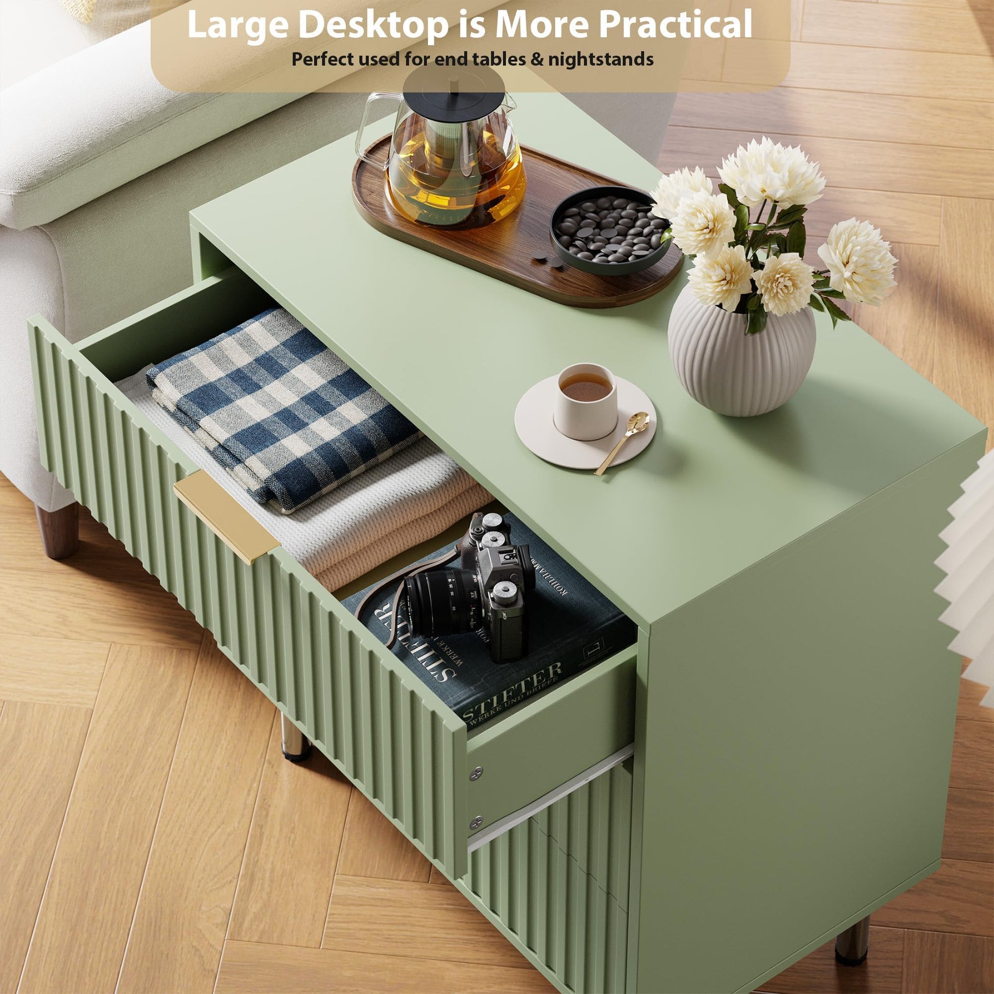 Commode Garvee verte à 3 tiroirs, en bois cannelé moderne, pour chambre et salon, imperméable, sûre et écologique.