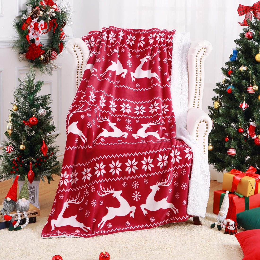 Plaid Garvee en polaire sherpa douce avec motif de rennes rouges pour canapé et lit 127 x 152 cm rouge