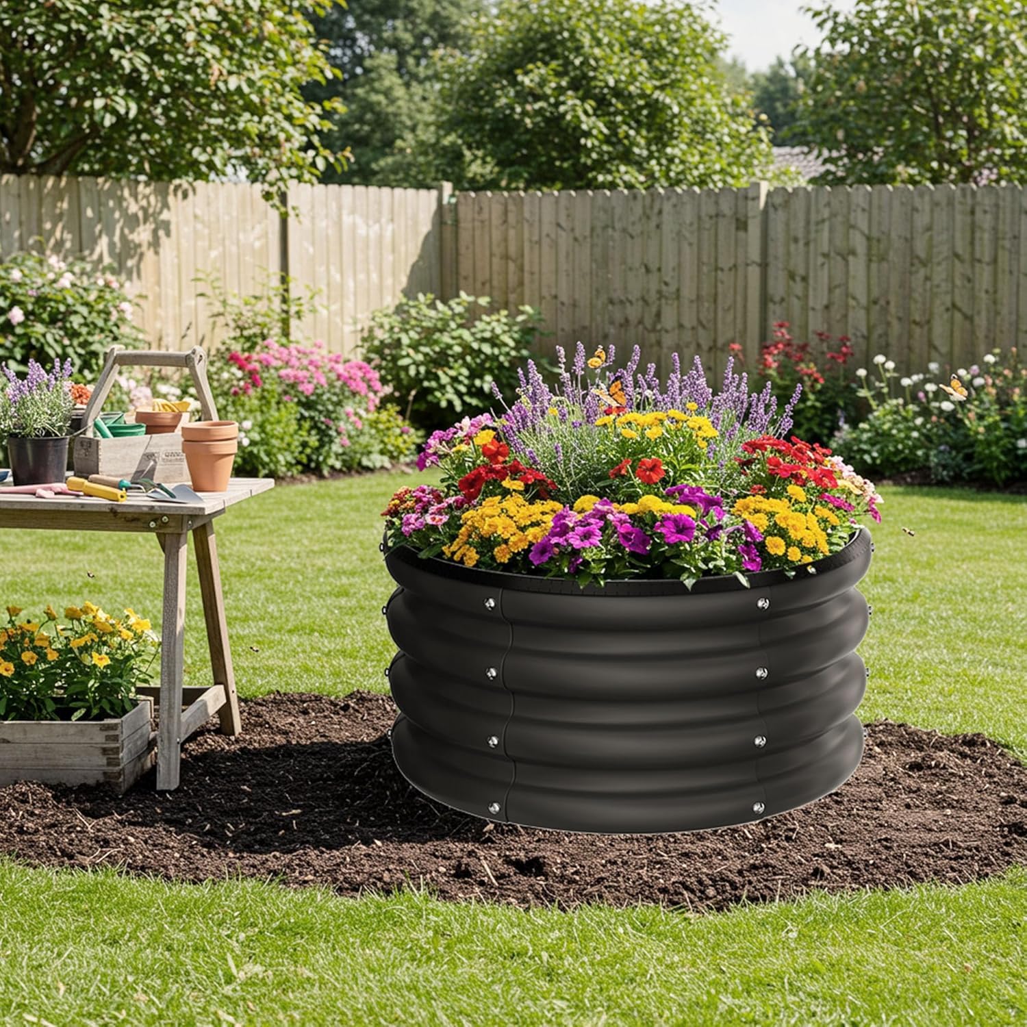 Potager surélevé Garvee, en métal, 107 x 20 cm, rond, sans fond, en acier galvanisé, antirouille, idéal pour le jardin, les légumes et les fleurs, respectueux de l'environnement.