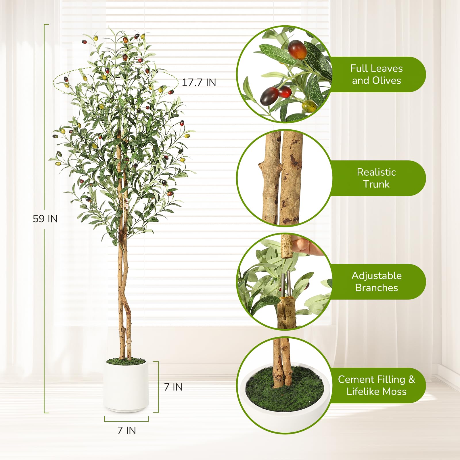 Olivier artificiel Garvee de 1,5 m avec branches ajustables, en soie artificielle, pot blanc pour salon et bureau, vert réaliste