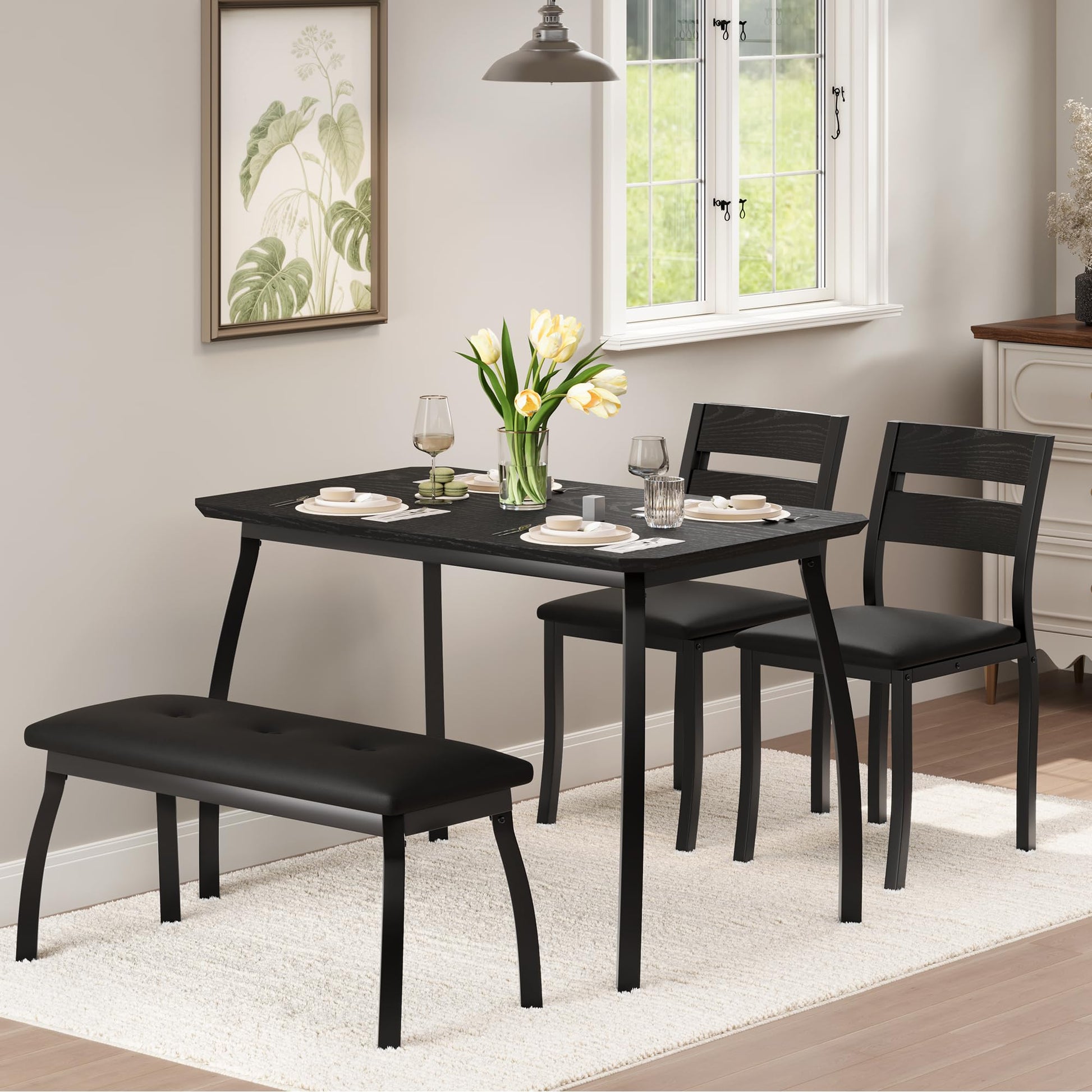 Ensemble de salle à manger Garvee pour 4 personnes, en bois et métal, comprenant une banquette rembourrée et 2 chaises, noir, idéal pour la cuisine et les réceptions, robuste et peu encombrant.