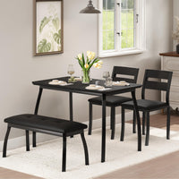 Ensemble de salle à manger Garvee pour 4 personnes, en bois et métal, comprenant une banquette rembourrée et 2 chaises, noir, idéal pour la cuisine et les réceptions, robuste et peu encombrant.