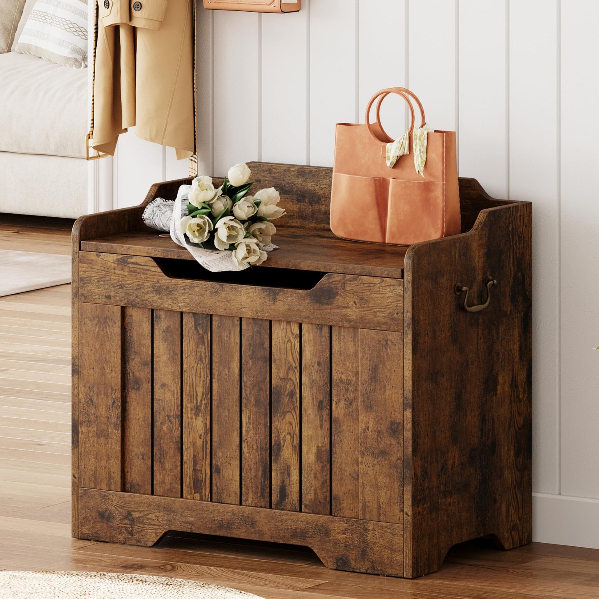 GARVEE Coffre de rangement en bois 63 cm, banc avec charnière de sécurité, supporte 159 kg, MDF durable, pour entrée, salon, chambre, style vintage