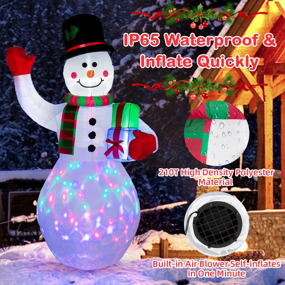 Garvee Bonhomme de neige gonflable 240 cm avec lumière LED rotative, étanche et coloré, décoration de Noël pour jardin