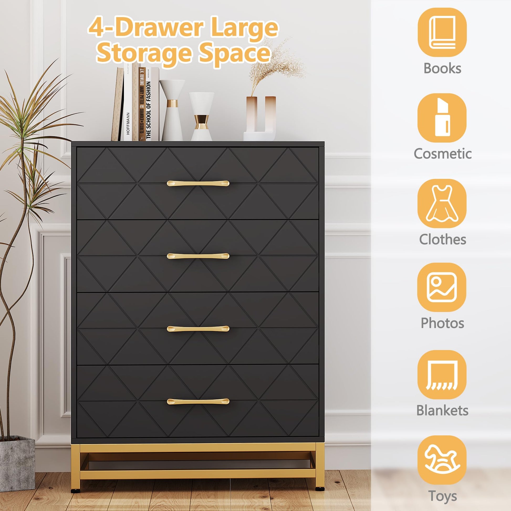 Commode Garvee noire à 4 tiroirs avec poignées en métal, idéale pour la chambre, le bureau ou le salon. Dimensions : 60,7 cm x 40,1 cm x 92 cm. Design moderne en bois.