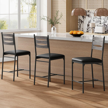 Ensemble de 2 tabourets de bar Garvee, en bois et similicuir, ergonomiques, avec dossier et repose-pieds, pour îlot de cuisine et appartement, 40 cm, noir.