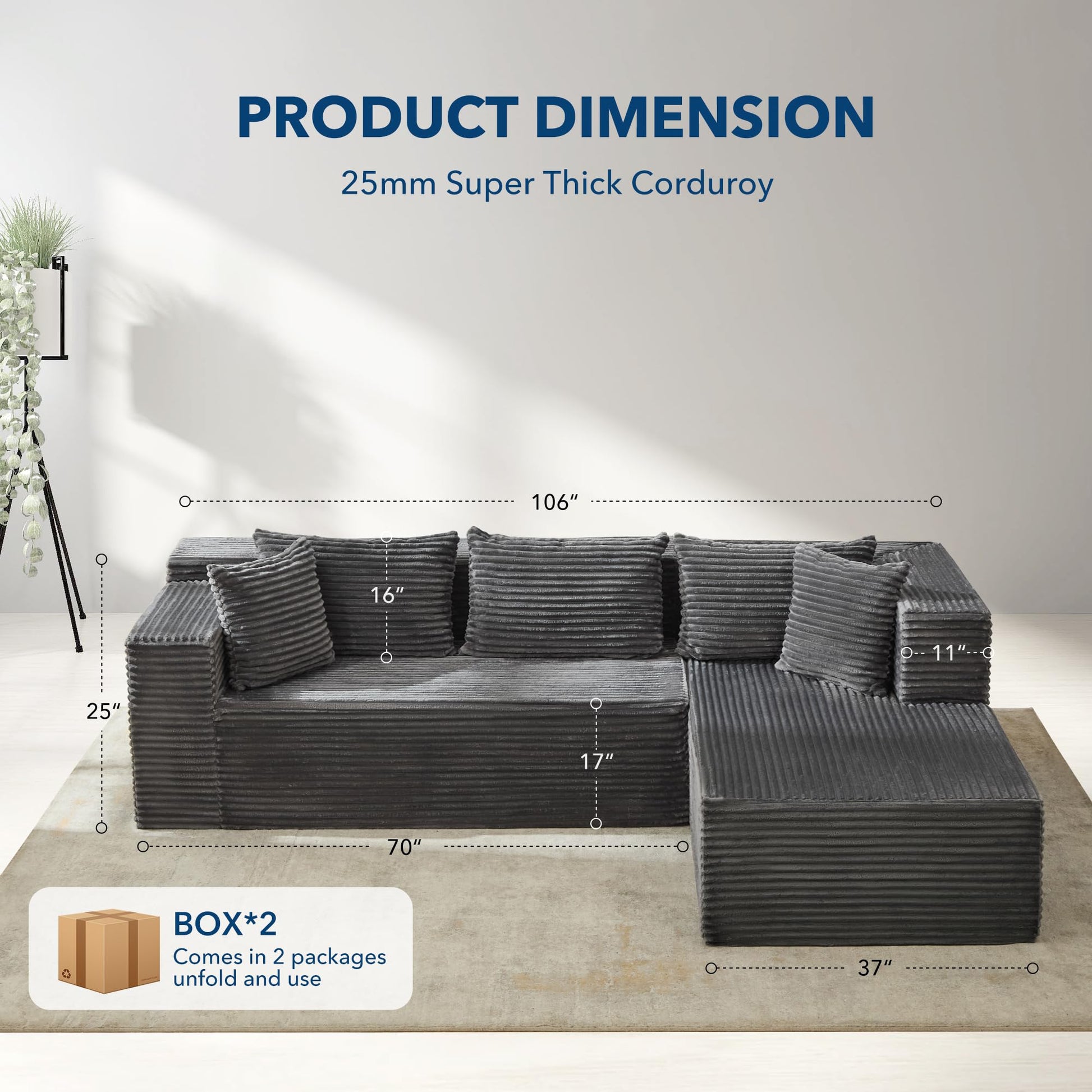 Canapé d'angle modulaire Garvee Cloud 269 cm - Moelleux et confortable - Canapé en L - Tissu de haute qualité - Coussin d'assise profond - Salon et séjour - Gris