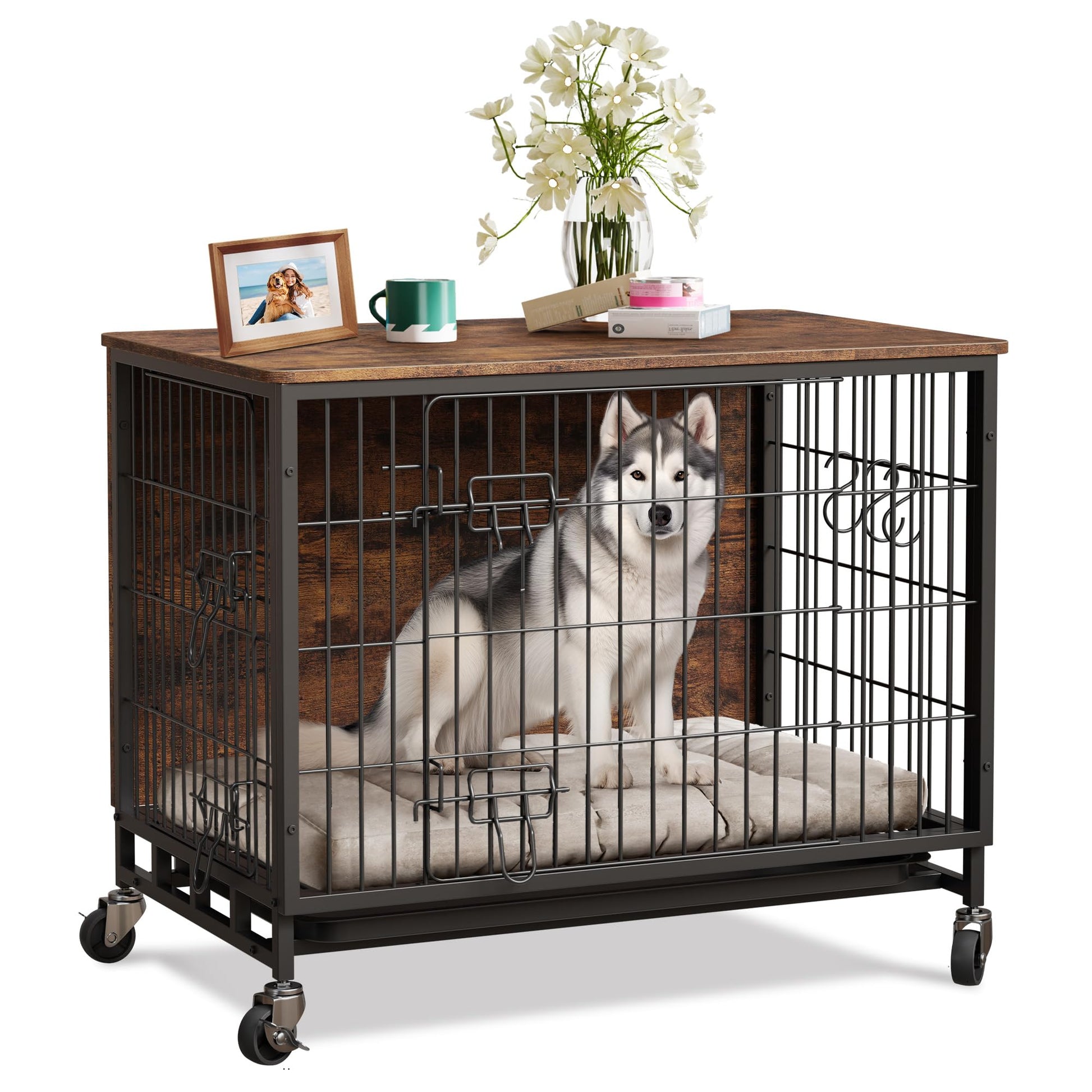 Meuble de cage pour chien Garvee 98 cm (38,6 po) en bois avec roulettes et double porte pour grands chiens d'intérieur, stable, mobile, antidérapant, en bois aggloméré