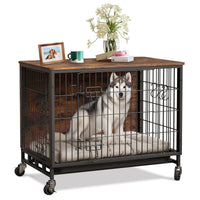 Meuble de cage pour chien Garvee 98 cm (38,6 po) en bois avec roulettes et double porte pour grands chiens d'intérieur, stable, mobile, antidérapant, en bois aggloméré