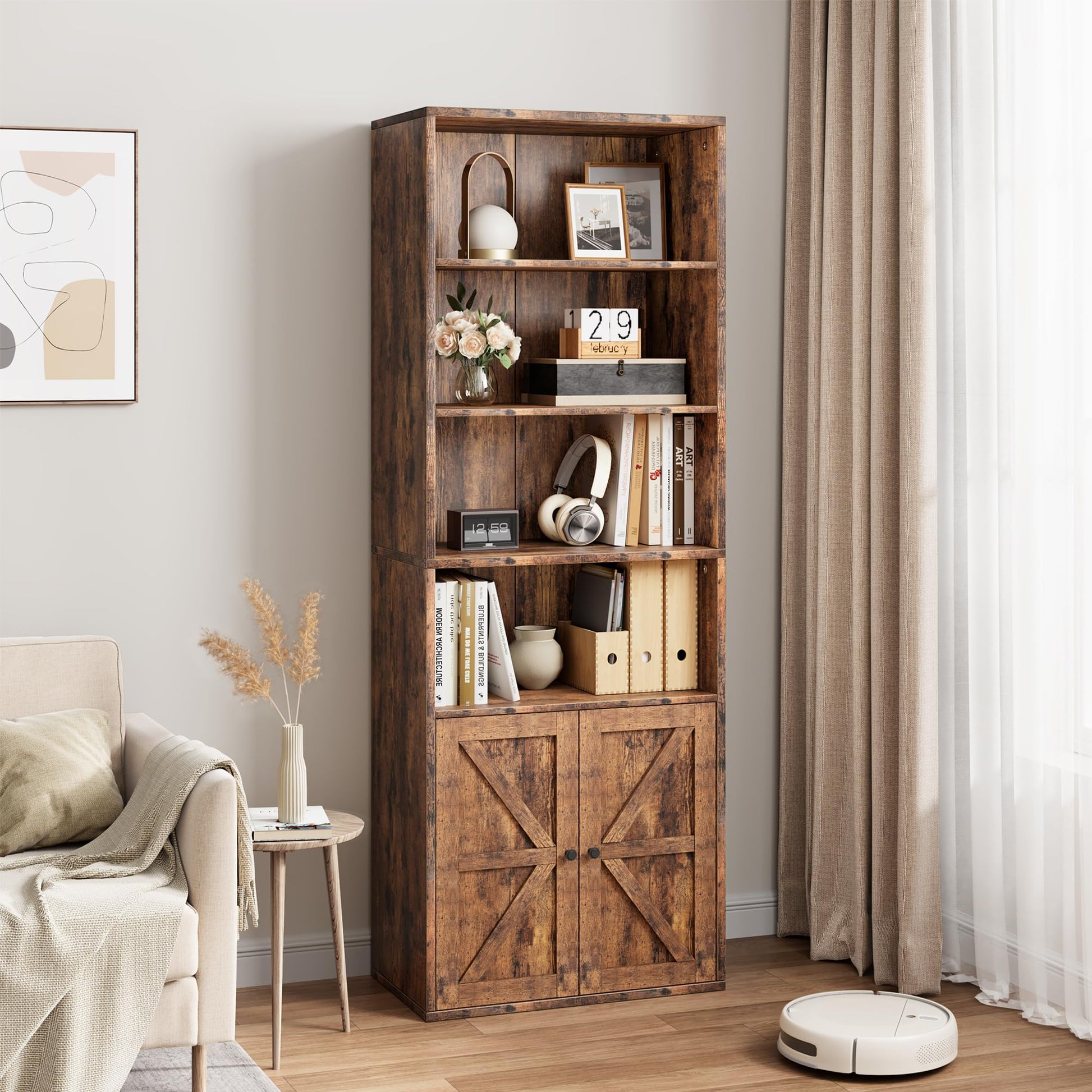 Garvee bibliothèque avec portes, style industriel, 6 étagères, profondeur 30 cm, style ferme en bois, salon, bureau, brune