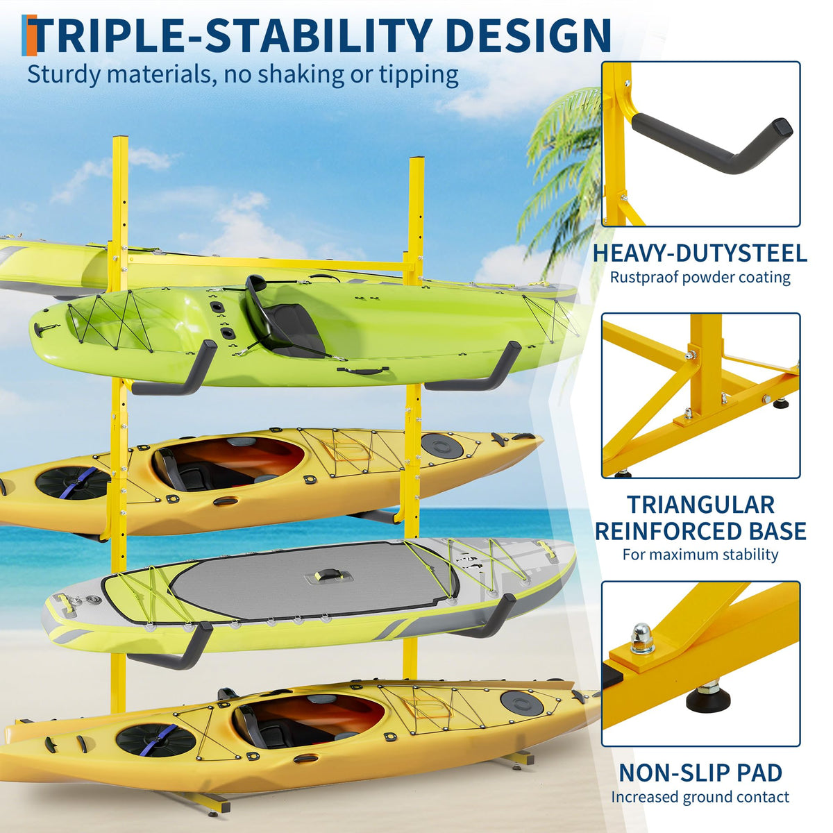 Garvee Support de rangement pour kayaks, autoportant, hauteur réglable, bras rembourrés, acier à la rouille, pour 4 kayaks, intérieur et extérieur.