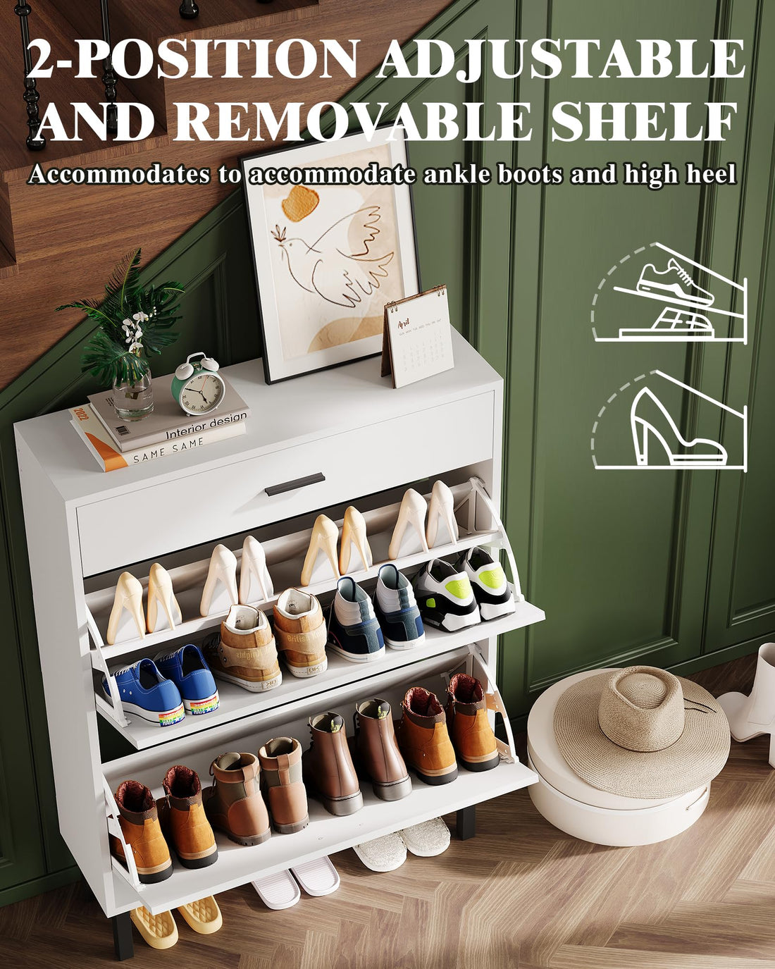 Garvee Meuble à chaussures étroit avec 3 tiroirs et étagères réglables, MDF avec système anti-basculement, pour entrée, blanc