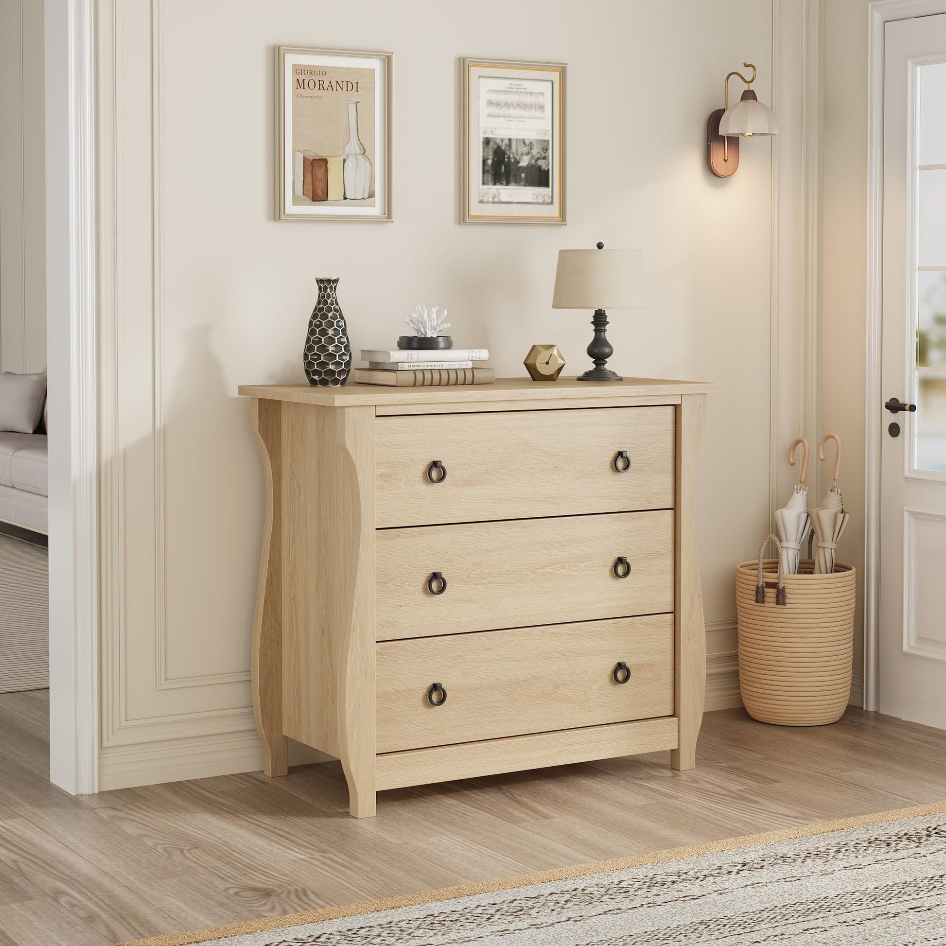 Commode Garvee à 3 tiroirs, meuble moderne en bois blanc avec poignées en métal noir, idéale pour le salon et la chambre, 76 x 40 x 74,5 cm