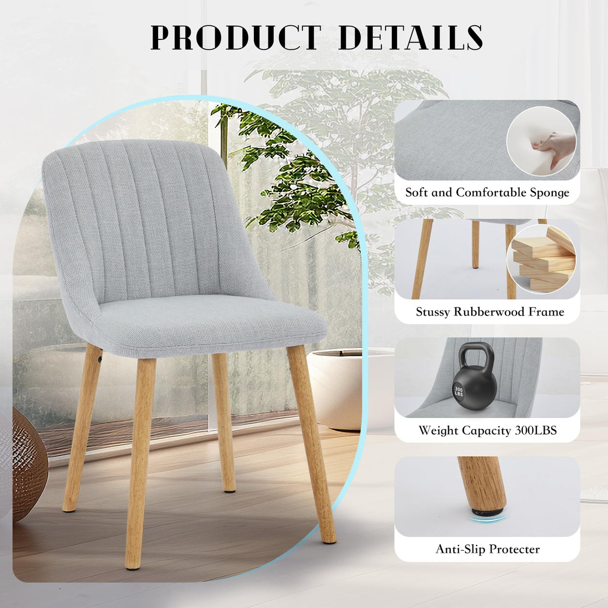 Garvee Ensemble de 2 chaises de salle à manger avec revêtement en tissu moderne, dossier ergonomique, structure en chêne massif, pieds antidérapants, supporte jusqu'à 136 kg, coloris neutre. Idéales pour la cuisine et la salle à manger.