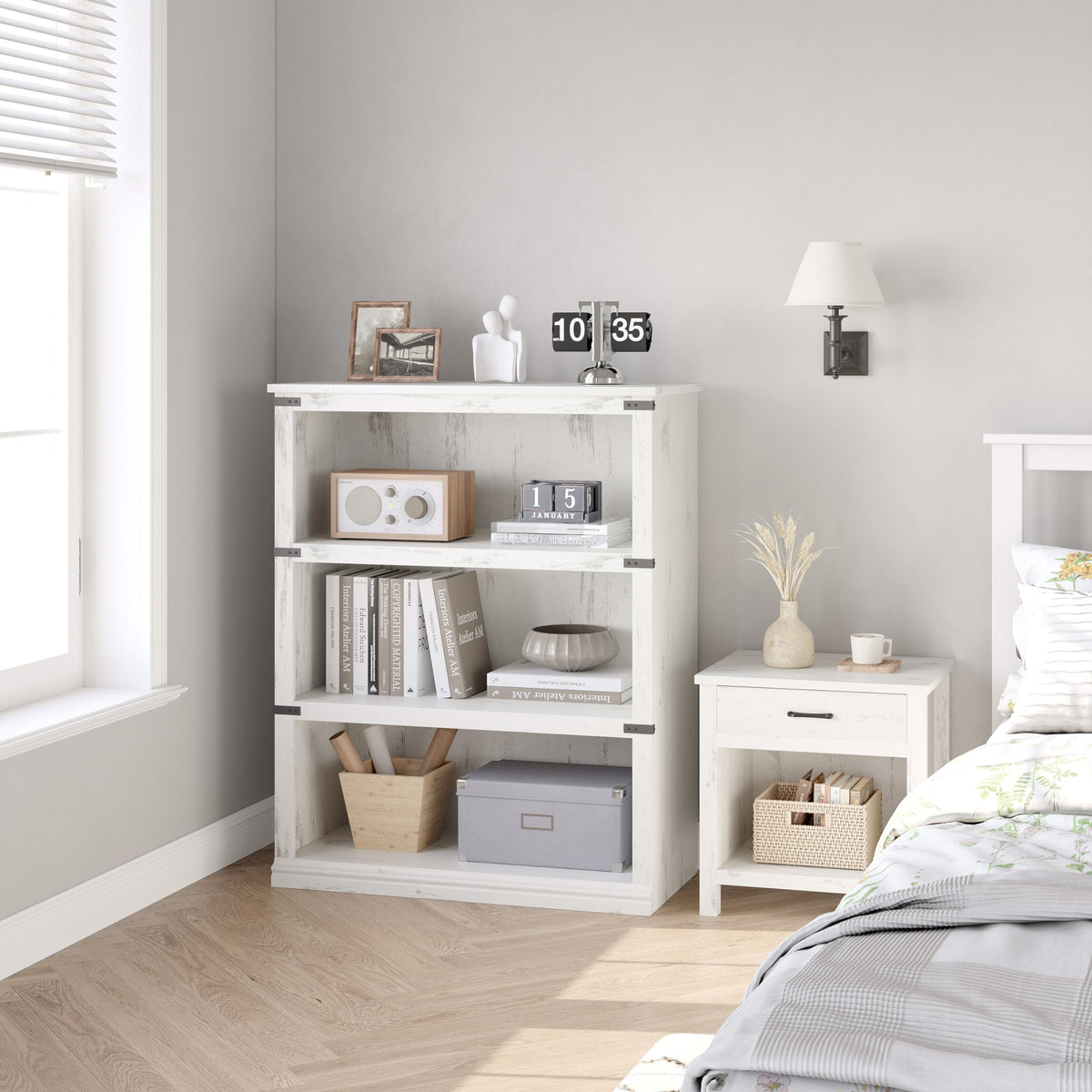 Garvee bibliothèque basse 80 × 31 × 102 cm, 4 niveaux ouverts, finition blanche, style industriel