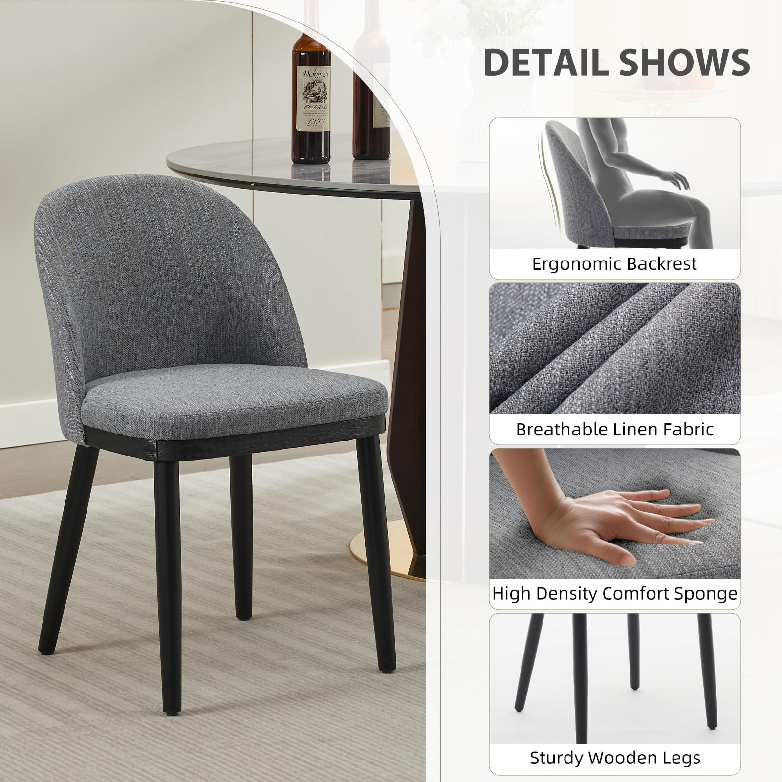 Ensemble de 2 chaises de salle à manger Garvee rembourrées, style moderne, en tissu, avec coussins épais, pieds en bois et dossier incurvé, couleur grise, idéales pour la cuisine, les restaurants et les cafés.