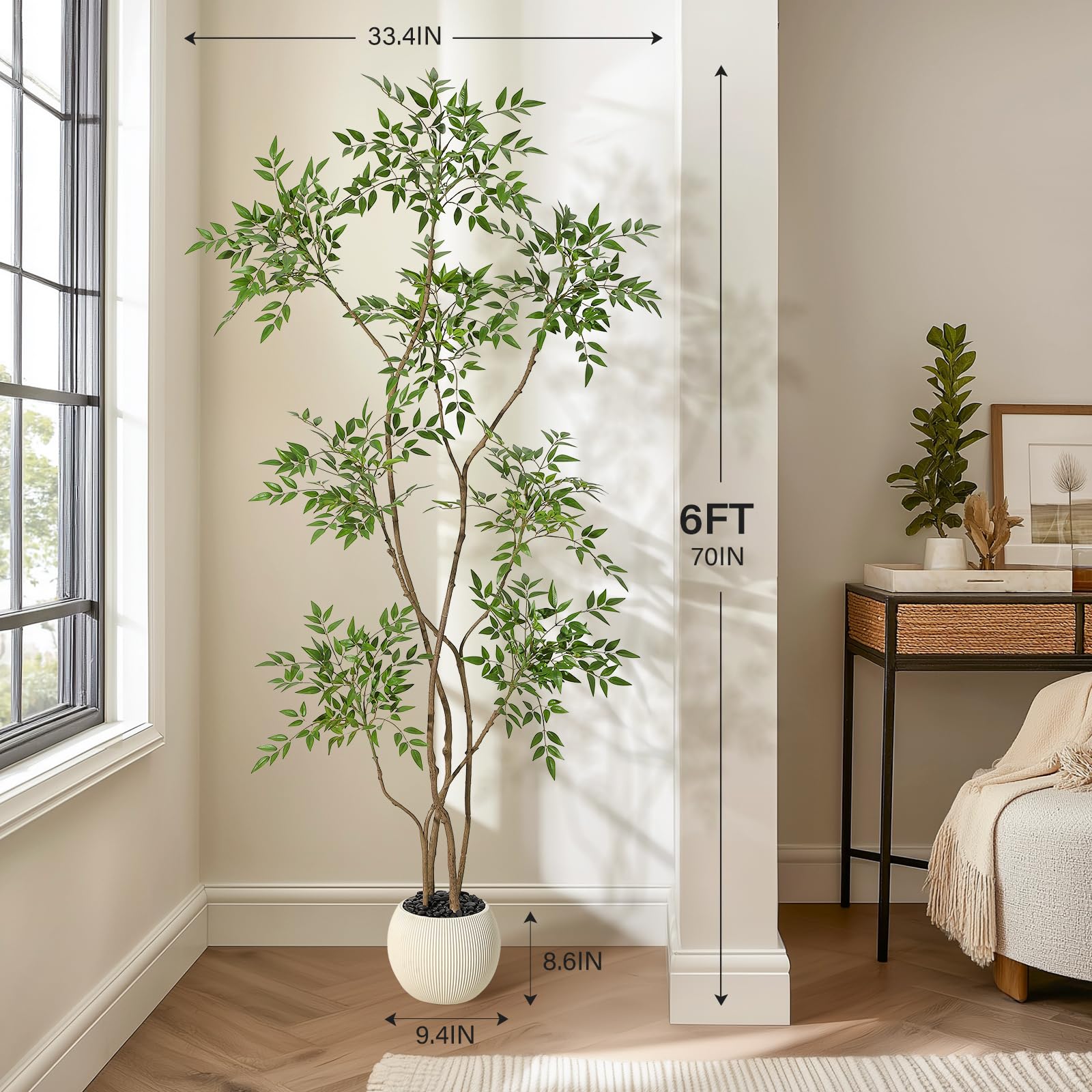Plante artificielle Nandina Garvee de 1,80 m avec pot en céramique blanche, idéale pour le bureau et le salon. Réaliste, facile d'entretien et durable.