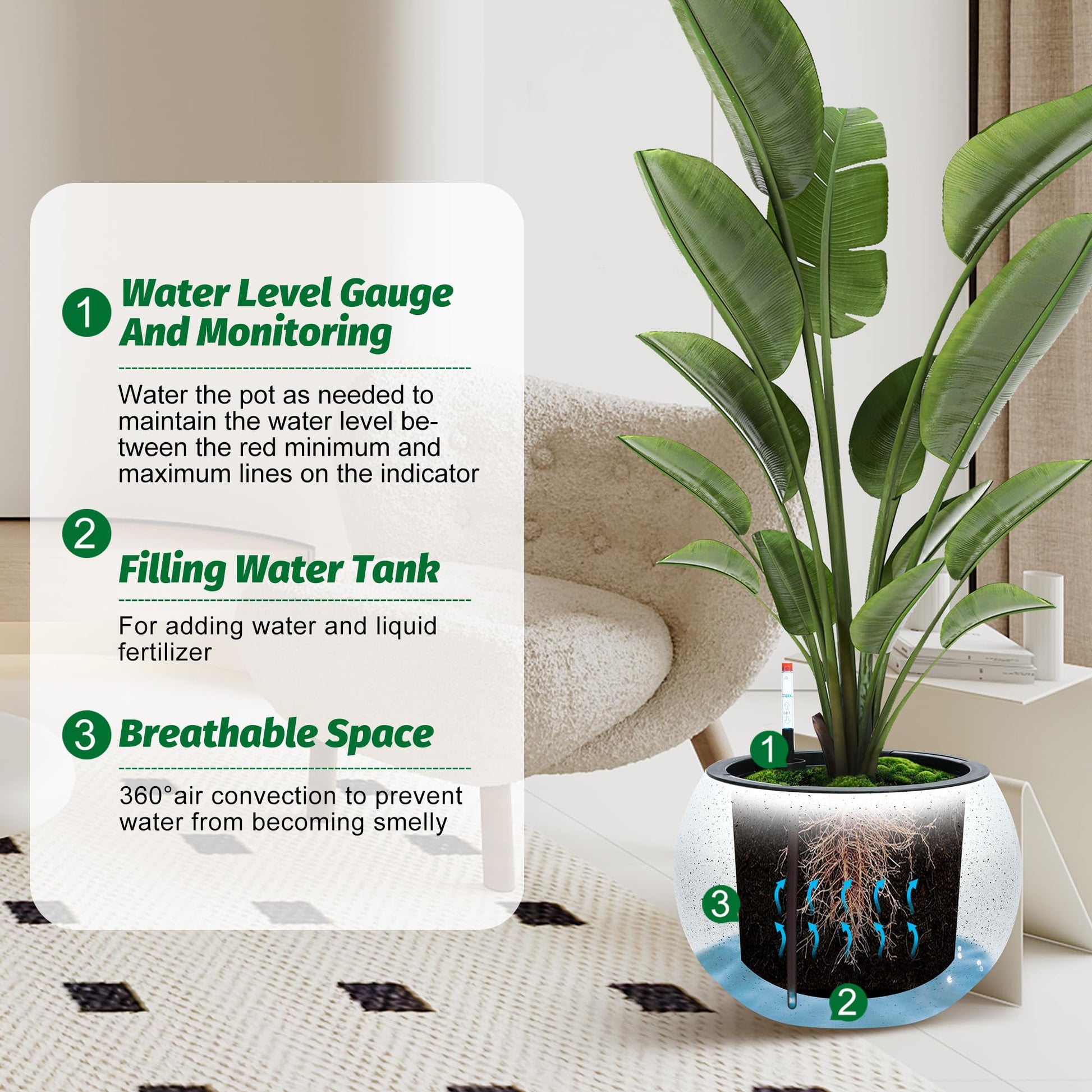 Jardinières rondes à arrosage automatique Garvee, ouverture de 25 cm avec indicateur de niveau d'eau, pour une utilisation intérieure et extérieure, matériau durable, ventilation, polyvalentes