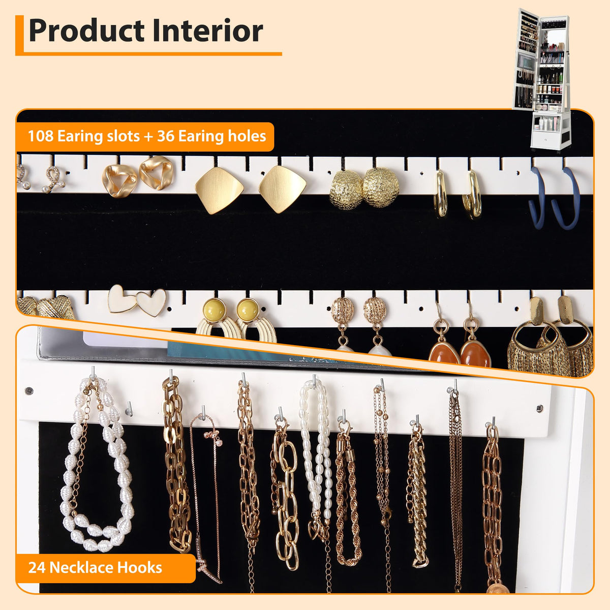 Garvee Armoire à bijoux pivotante à 360° avec miroir pleine longueur, éclairage LED, intérieur velours, blanche, pour chambre, verrouillable