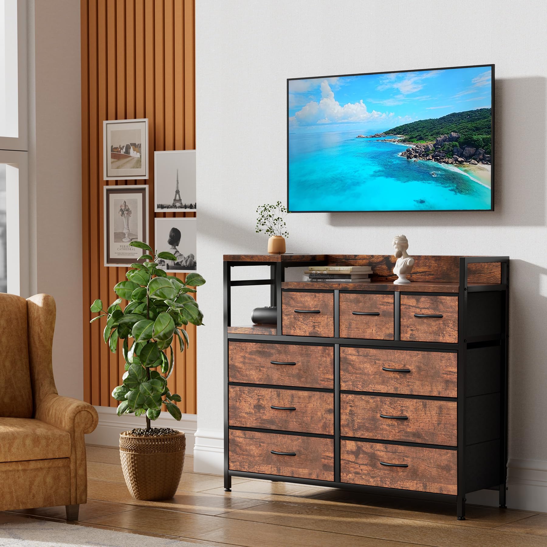 Commode Garvee à 9 tiroirs en tissu, multifonctionnelle pour chambre et salon, 100 x 30 x 86 cm, coloris rétro