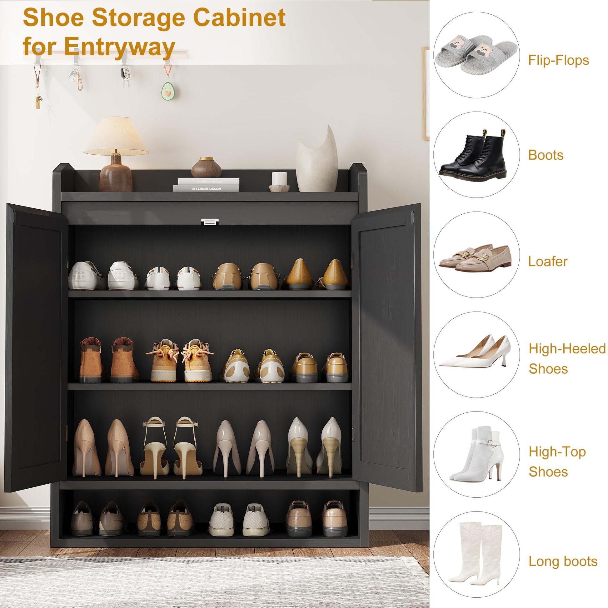 Garvee meuble à chaussures en rotin avec 2 portes, étagères réglables, 5 niveaux, MDF, noir, pour entrée et salon