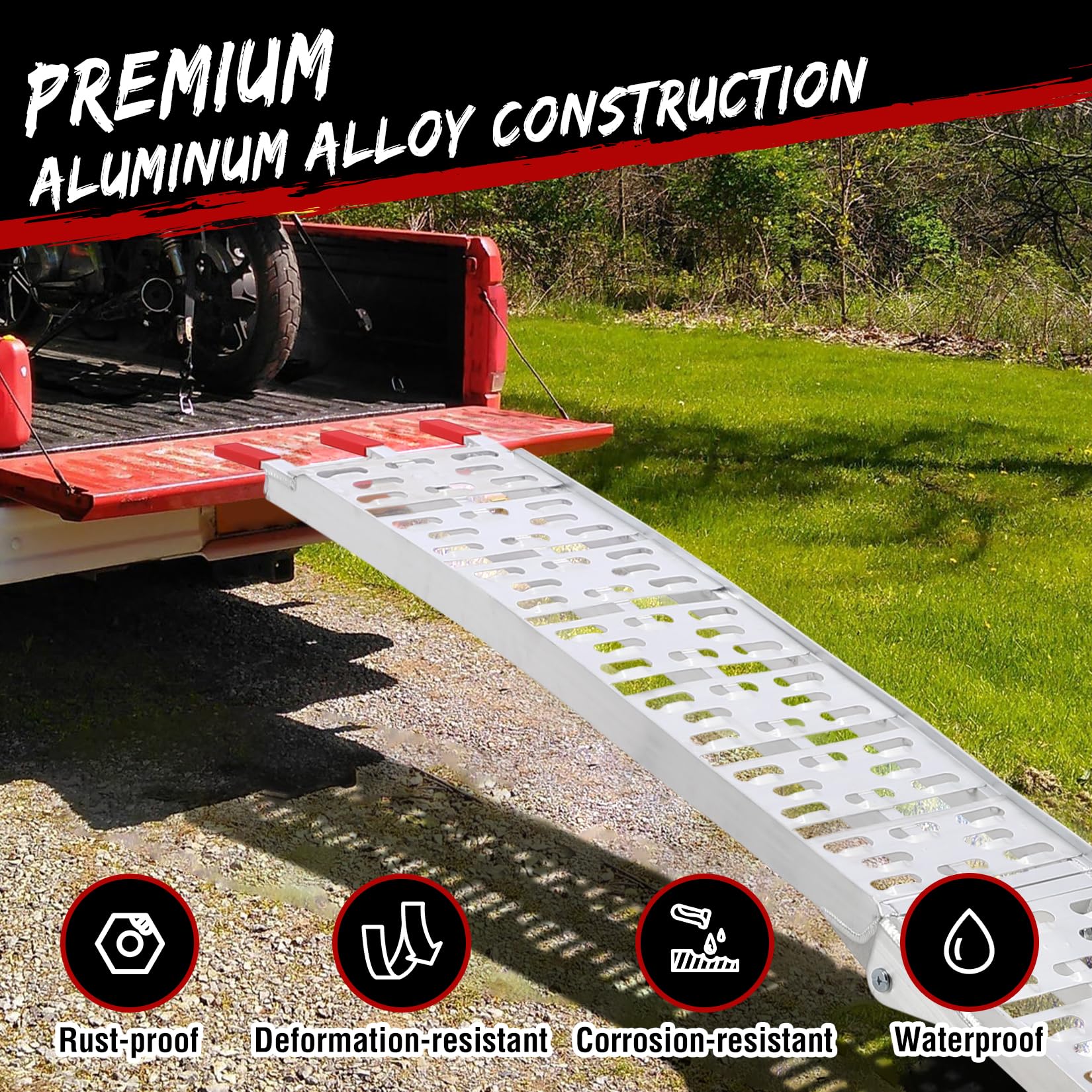 Rampe de chargement Garvee pour moto, 340 kg (750 lb), pliable en aluminium, antidérapante, avec sangles de sécurité, pour pick-up, remorque, quad, moto, jardinage, 226 x 28 cm (89 x 11 pouces), argent
