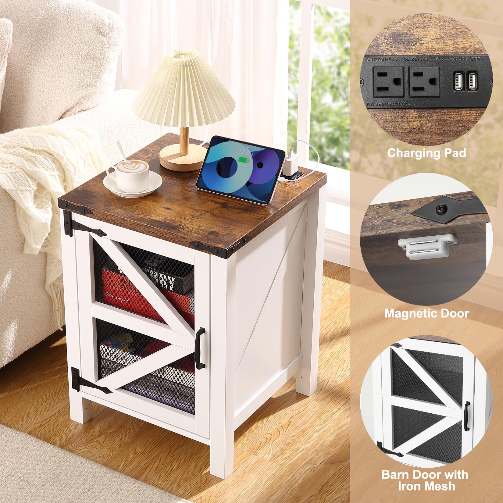 Garvee table de chevet style campagne avec chargeur intégré, plateau de 46 cm, 2 ports USB, 2 prises de courant, bois, étagères réglables, chambre, salon