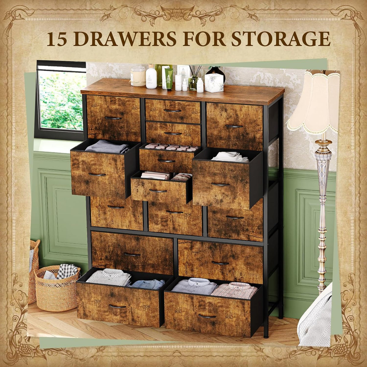 Garvee commode en tissu à 15 tiroirs, structure métallique, robuste et durable, 100 × 30 × 123 cm, chambre et salon, gris