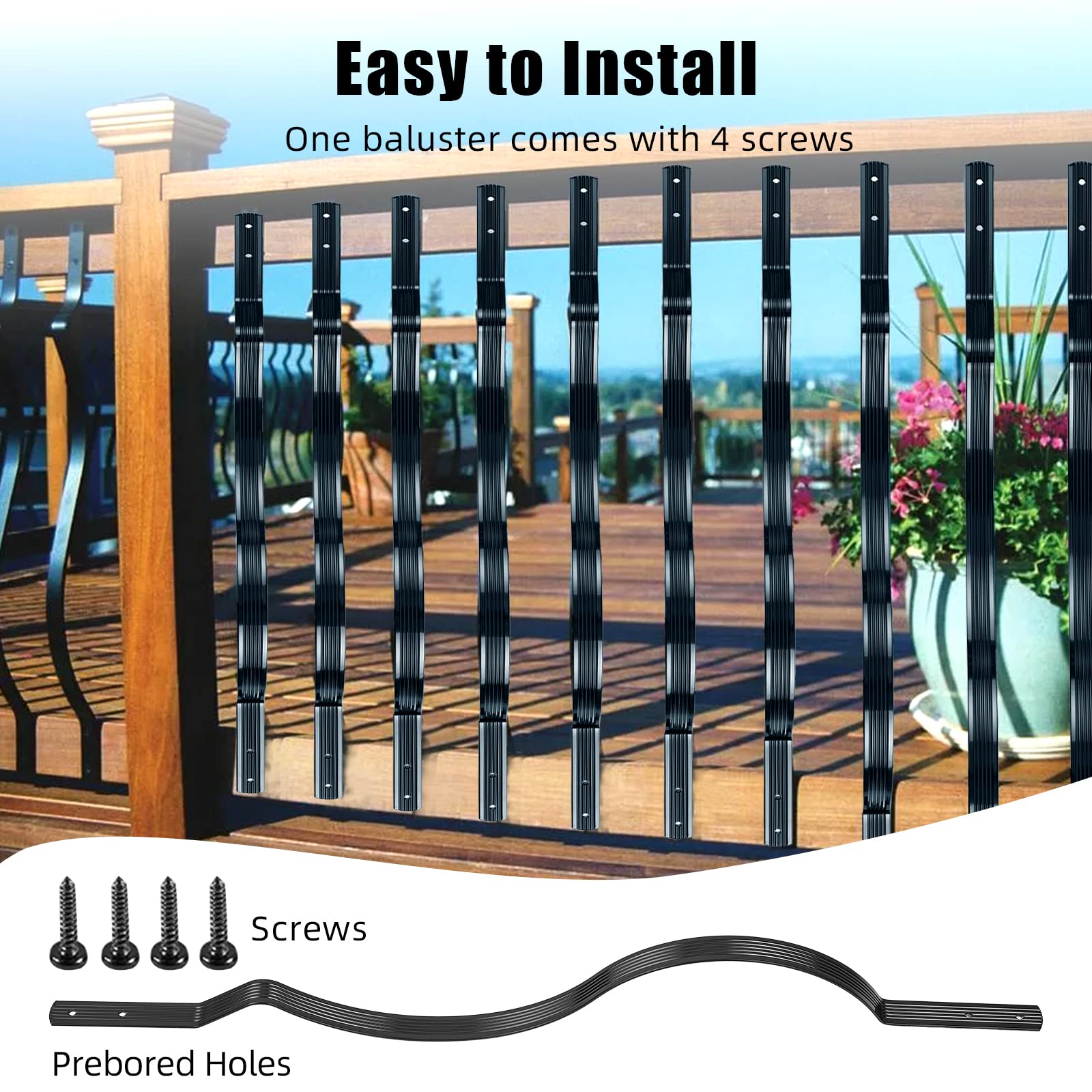 Balustres de terrasse GARVEE, lot de 50 barreaux en aluminium, forme ondulée, 82 cm x 2,5 cm, avec vis, pour escaliers et rampes de terrasse, noir mat