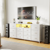 Meuble TV Garvee 63" pour téléviseurs de 65 à 75 pouces, avec 12 tiroirs, éclairage LED, revêtement en tissu, chargeur, étagères ouvertes, mobilier de salon moderne