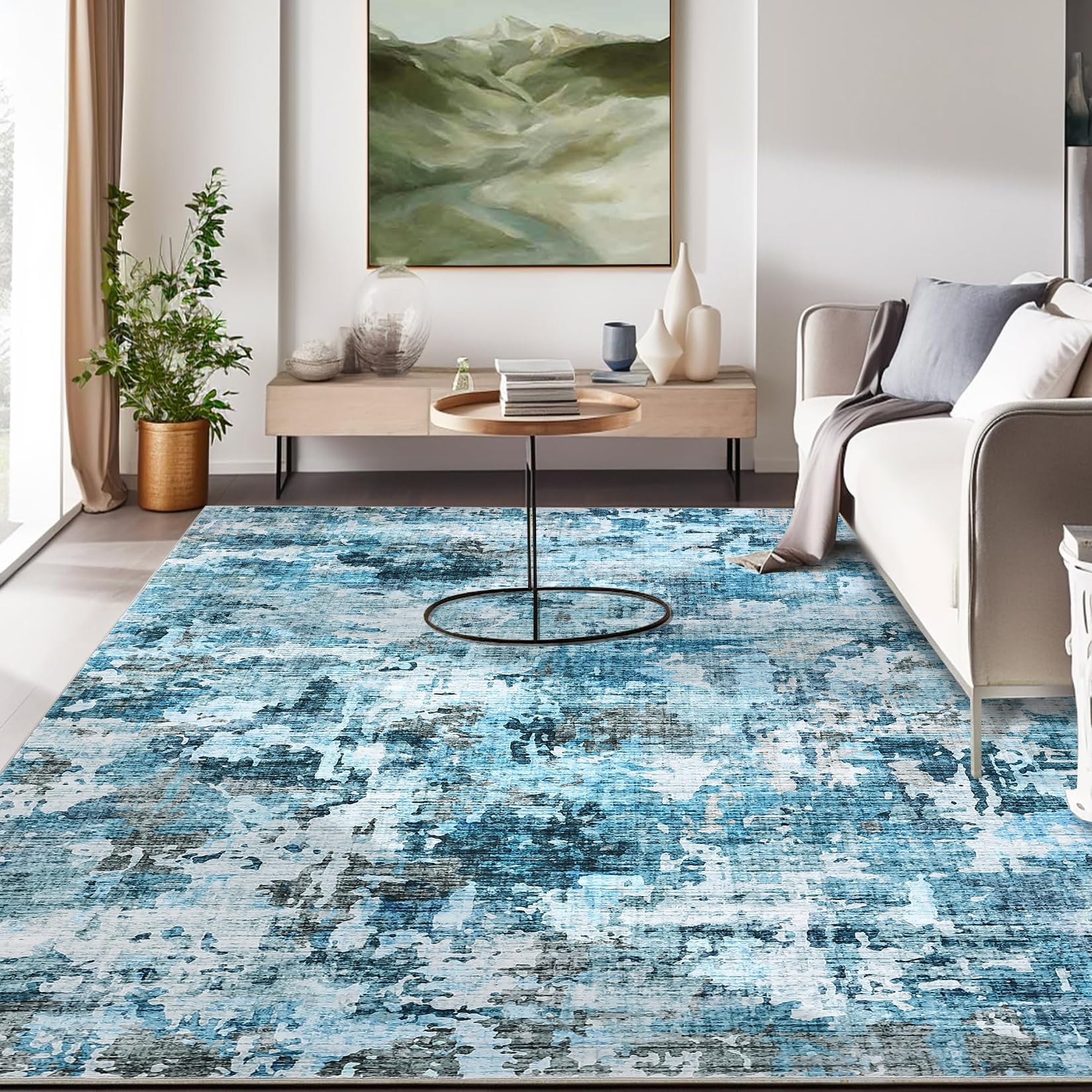 Tapis lavable Garvee, motif abstrait moderne, antidérapant, résistant, facile à nettoyer, pour salon, chambre, salle à manger, bleu, 160 x 230 cm