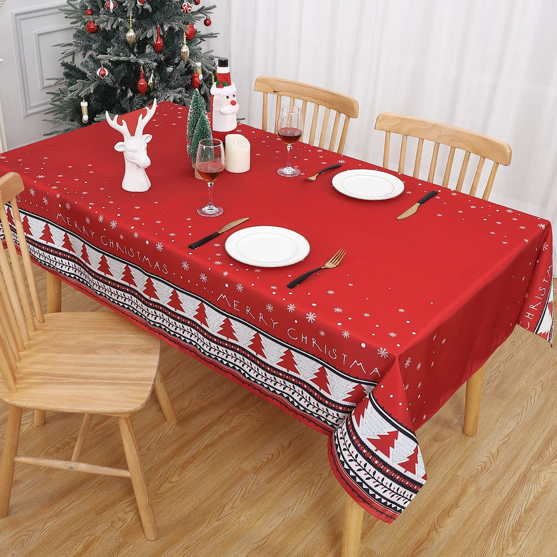 Garvee Nappe de Noël, en toile cirée imperméable avec sapin de Noël, rectangulaire, rouge, 137 × 274 cm