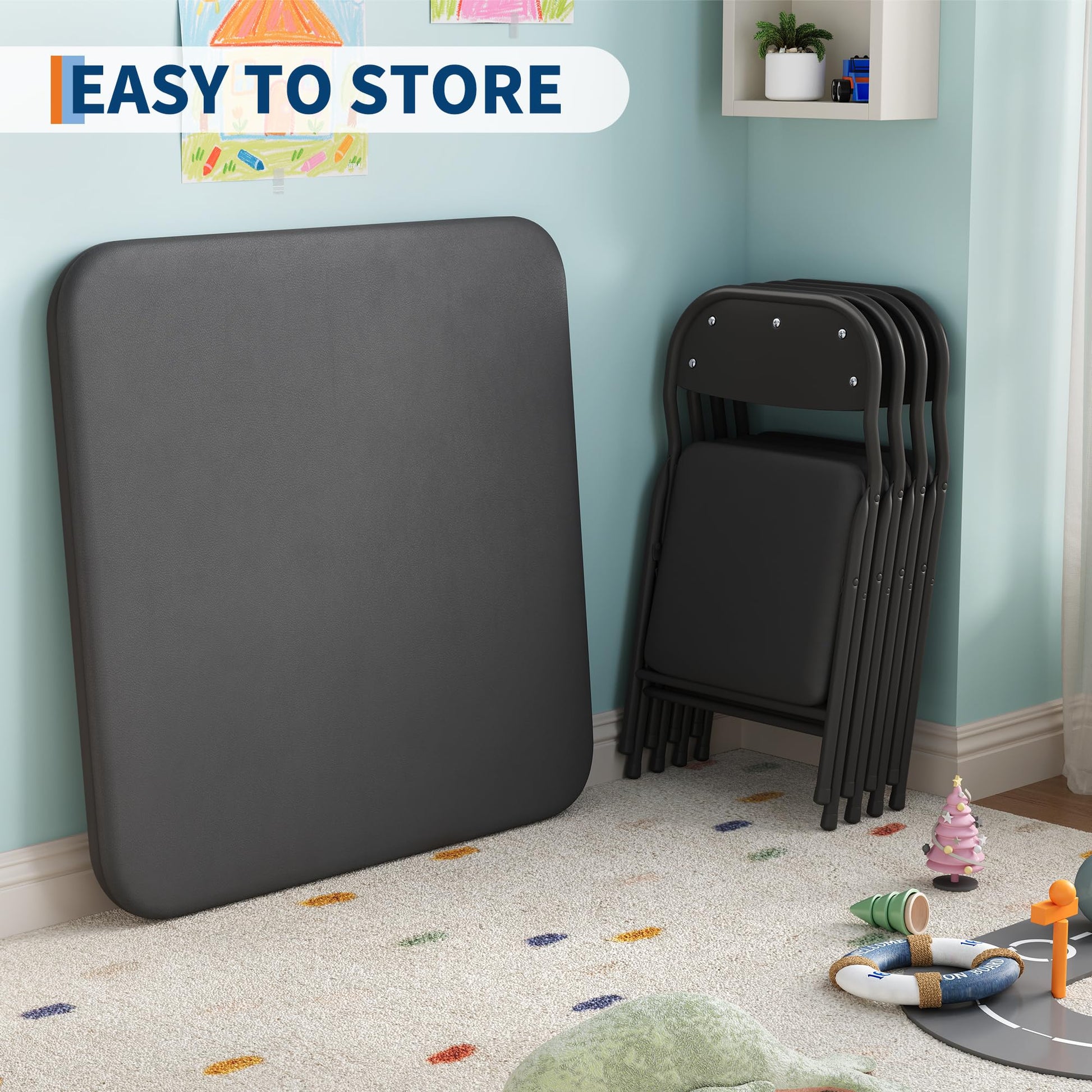 Ensemble table et chaises pour enfants Garvee 5 pièces, pliable, en métal robuste et cuir PU, pour chambres d'enfants et usage extérieur